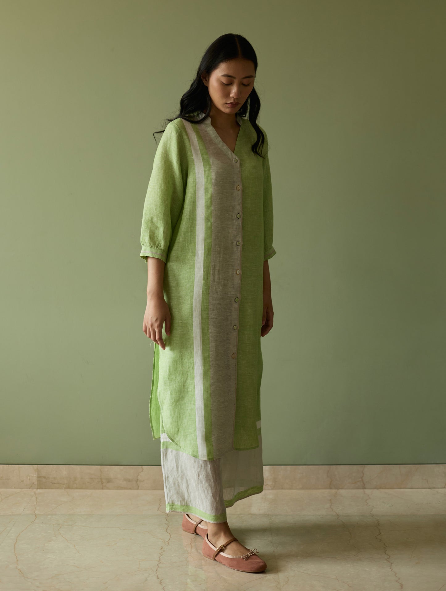 Mori Border Linen Shirt Kurta Set - Meadow