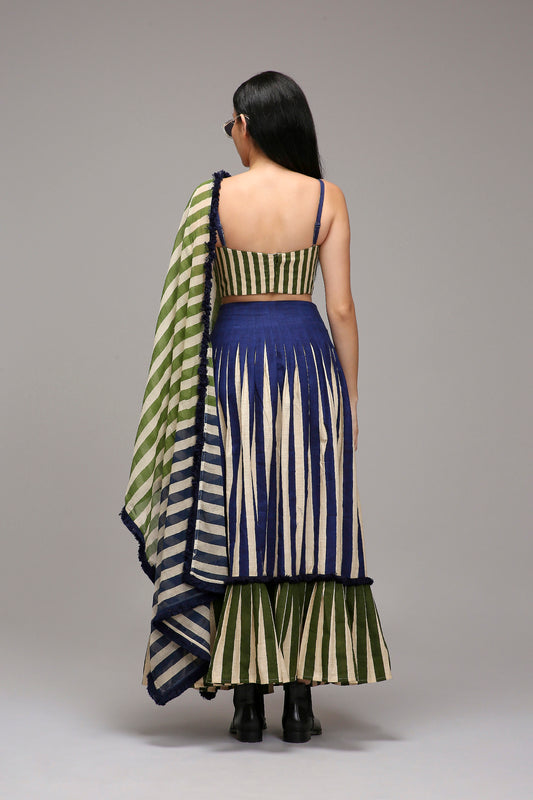 Egg-Shell Crop Top Dual Striped Stole Skirt Set (3 PCS)