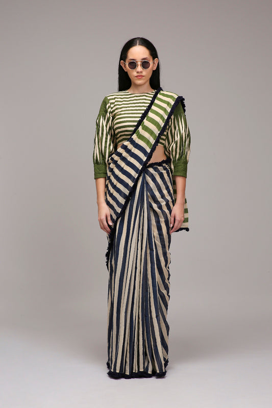 Egg-Shell Blue Green Dual Striped Saree