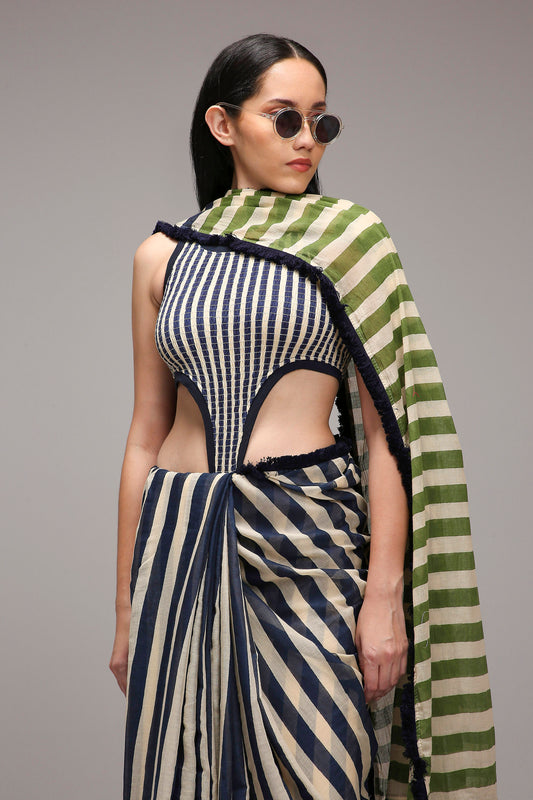 Egg-Shell Bodysuit & Dual Striped Saree Set (2 PCS)
