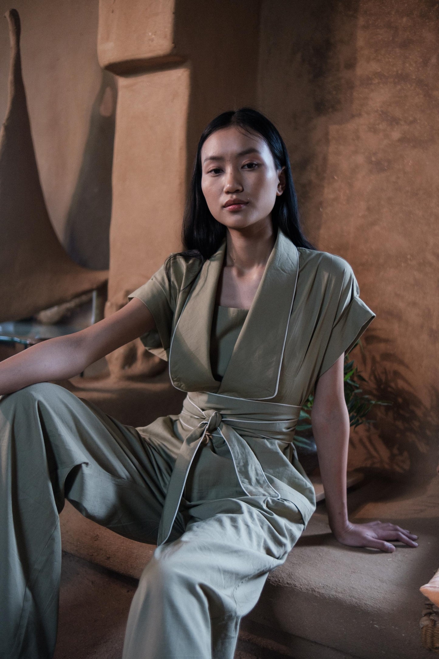 Berlin Shawl Collar Top Khaki