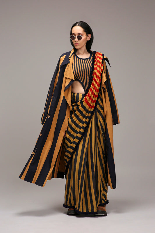 Tan-Brown Bodysuit with Trench & Dual Striped Saree Set (3 PCS)