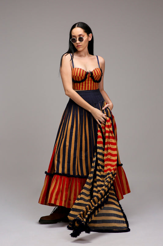 Tan-Brown Corset Dual Striped Stole Skirt Set (3 PCS)