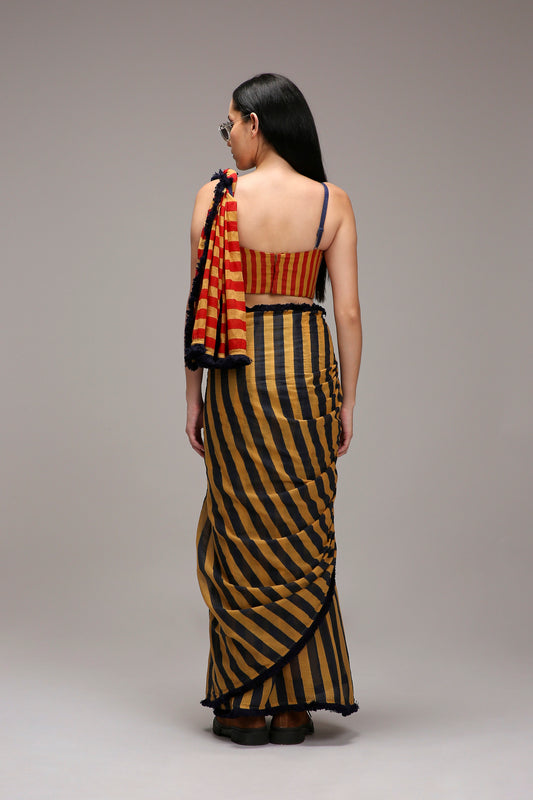 Tan-Brown Corset & Dual Striped Saree Set (2 PCS)