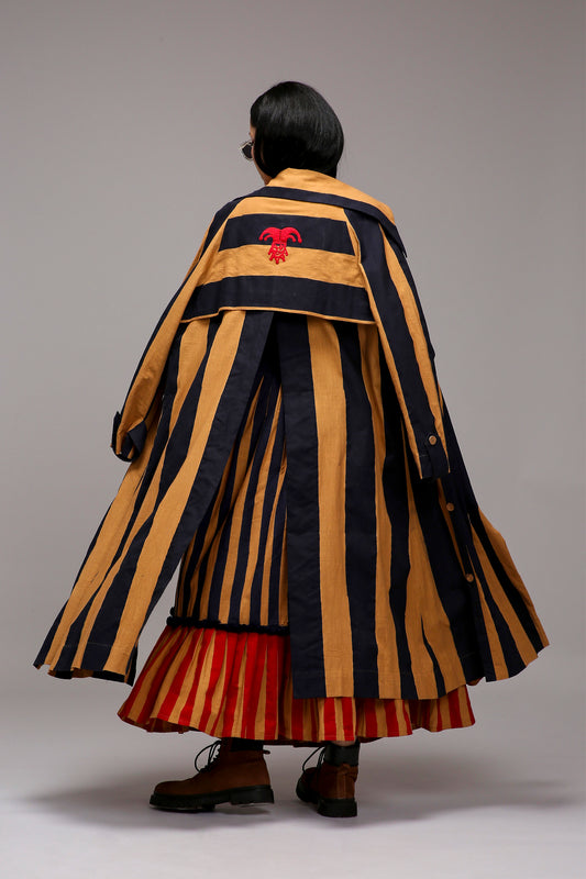 Tan-Brown Trench Bodysuit Dual Striped Skirt Set (3 PCS)