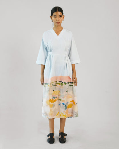 Abstract Print Cotton Elastic Wasit Belt Dress