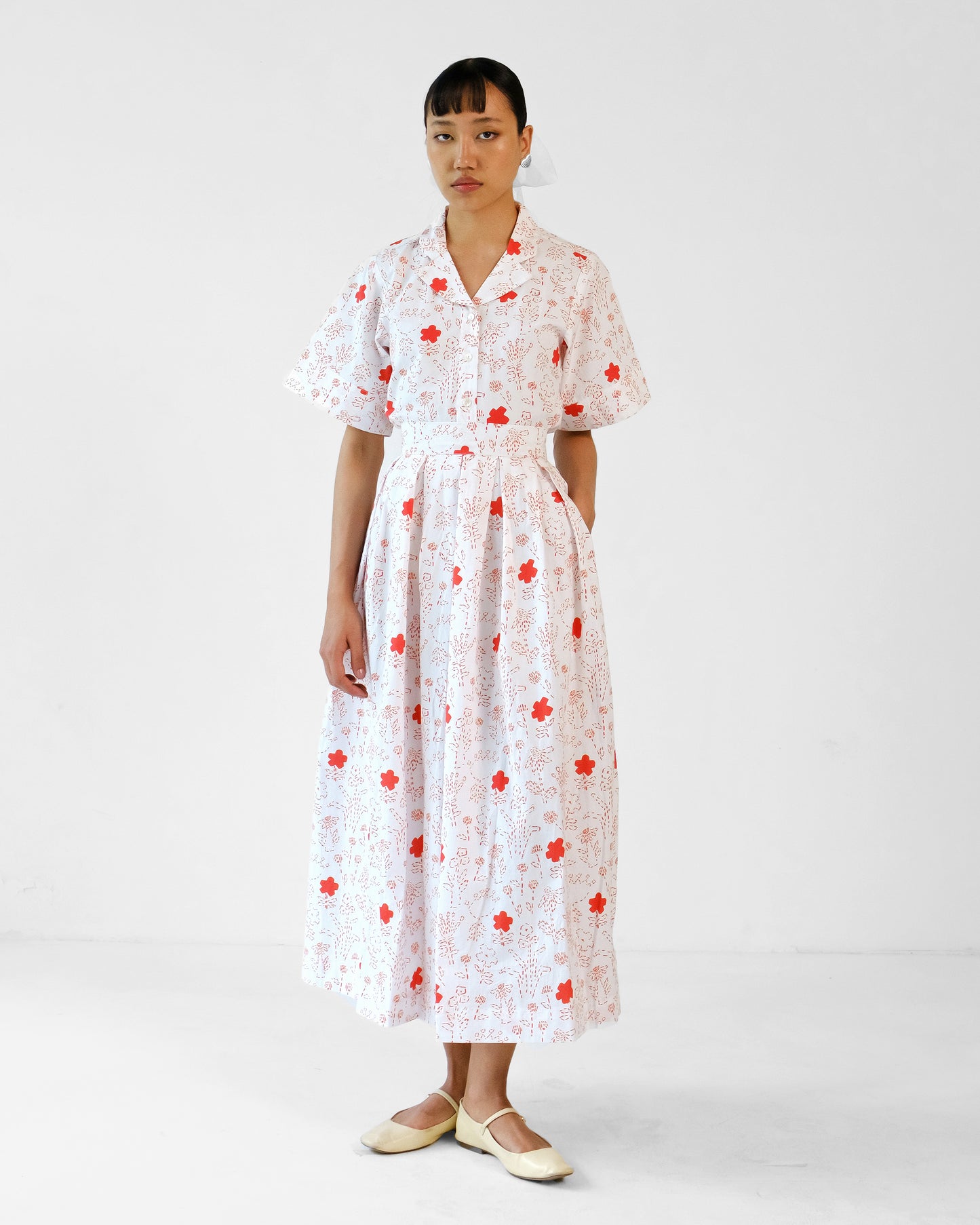 White and Red Printed Cotton Shirt Skirt Set of 2