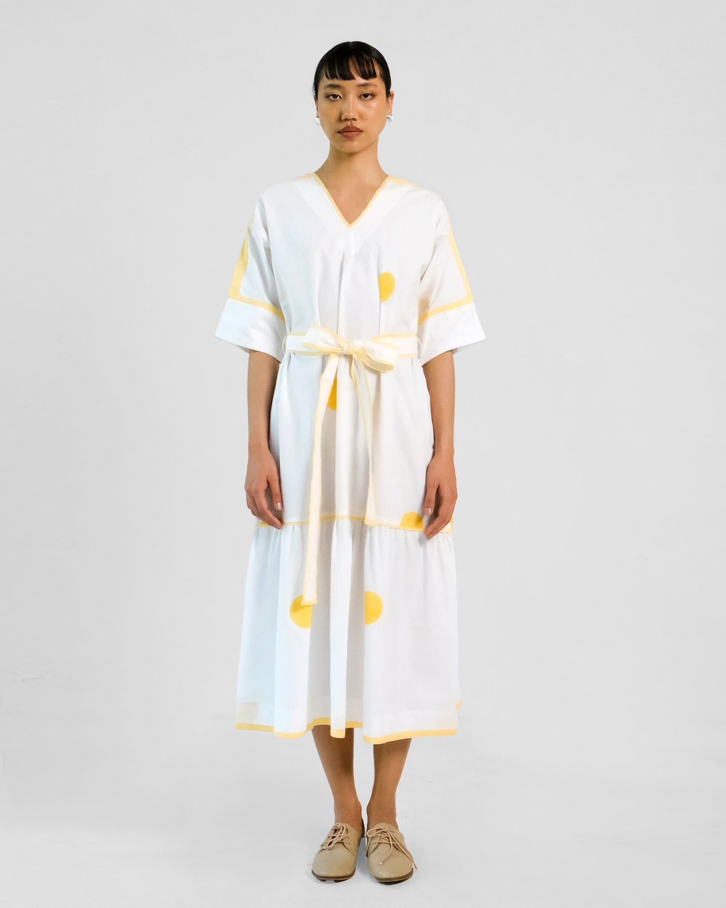 White Yellow Hand block Polka Cotton Belt Dress