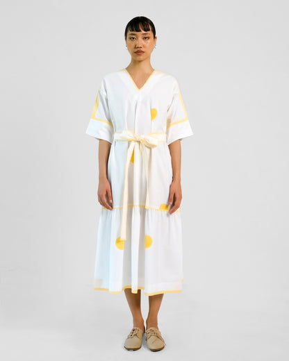 White Yellow Hand block Polka Cotton Belt Dress