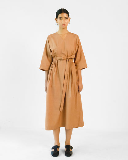 Brown Cotton Elastic Wasit Belt Dress