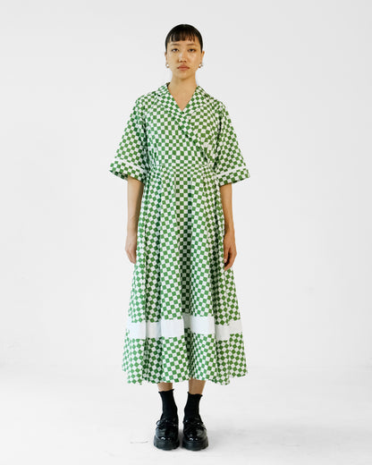 Green Checks Printed Cotton Cuban Collar Dress