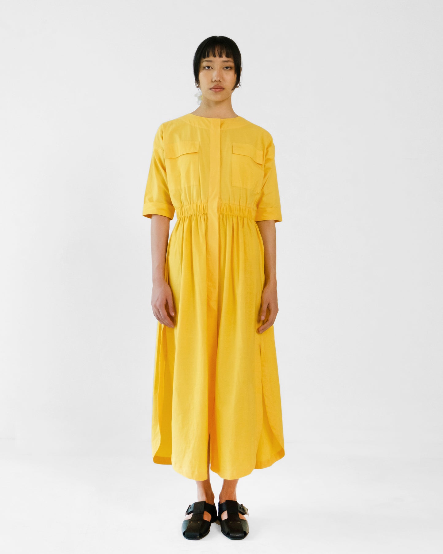 Yellow Elastic Wasit Side Slit Cotton Dress