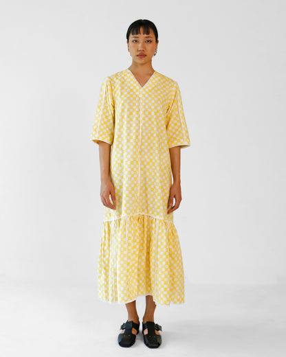Yellow Checks Applique Cotton Dress