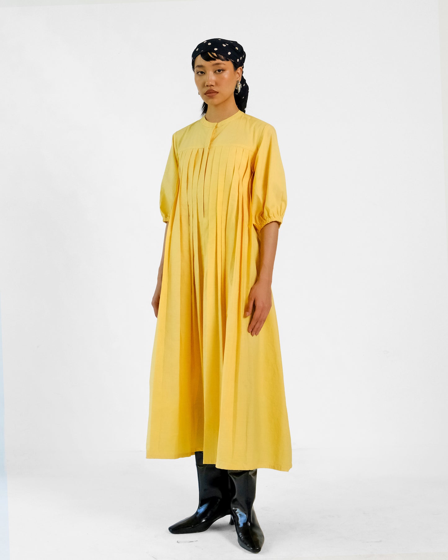 Yellow pleated Cotton Belt Dress