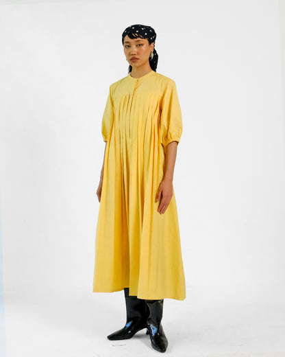 Yellow pleated Cotton Belt Dress