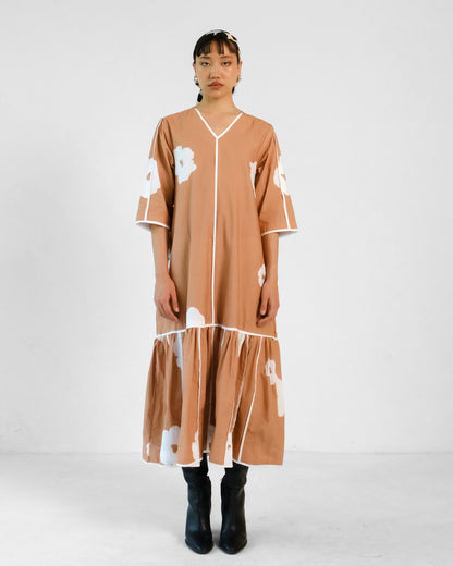 Brown Poppy Applique Cotton Dress