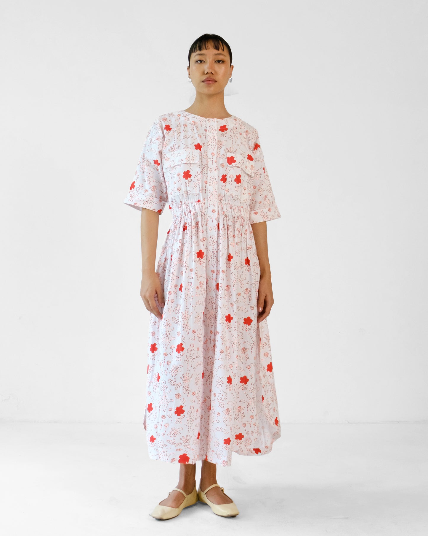 White and Red Printed Elastic Wasit Side Slit Cotton Dress