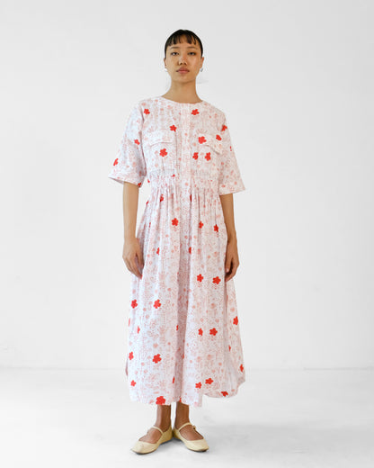 White and Red Printed Elastic Wasit Side Slit Cotton Dress