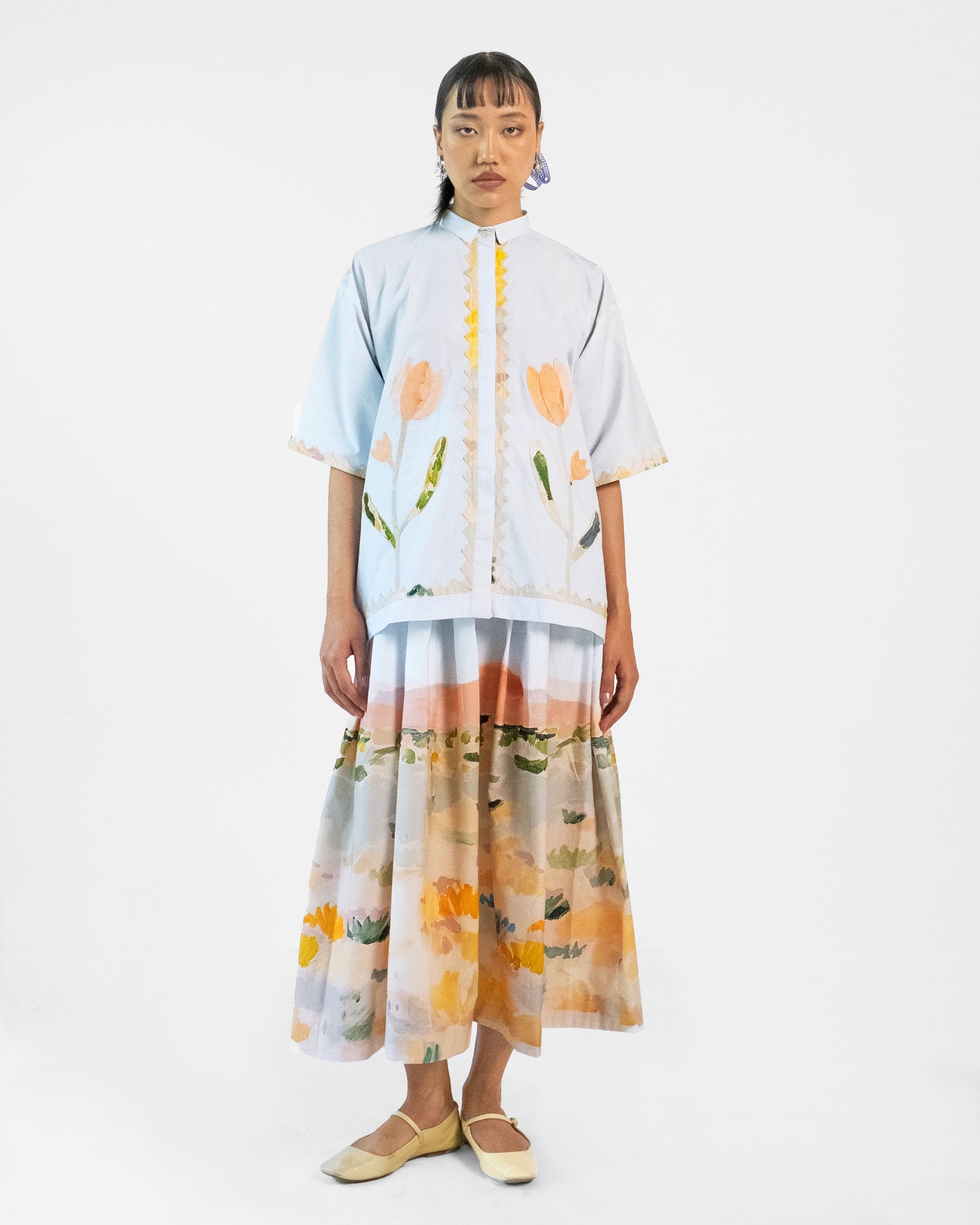 Abstract Print Applique Cotton Shirt Skirt Set of 2