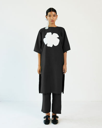 Black Applique Cotton Tunic Pant Set of 2