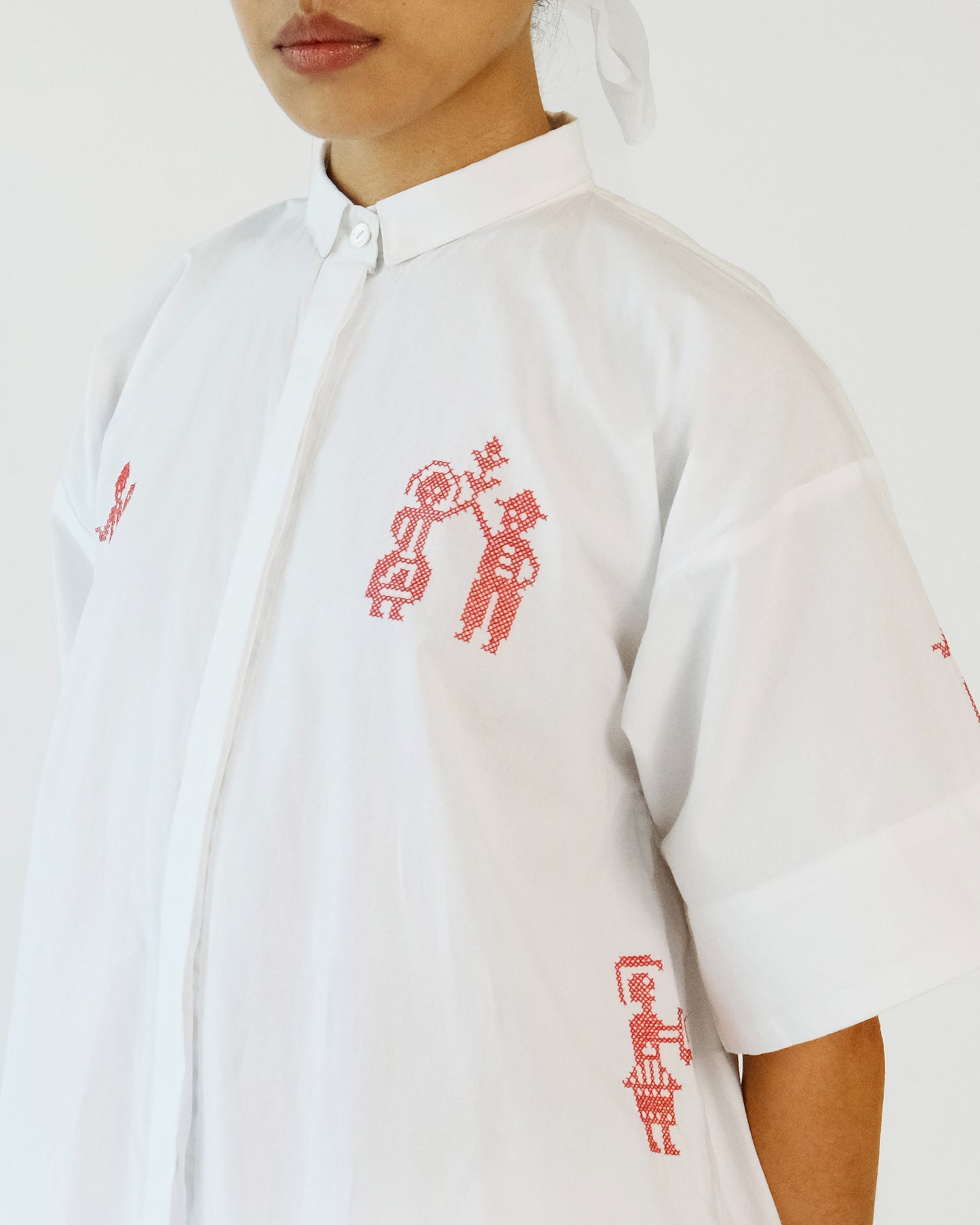 White and Red Cross Stitch Embroidery Cotton Shirt Pant Set of 2