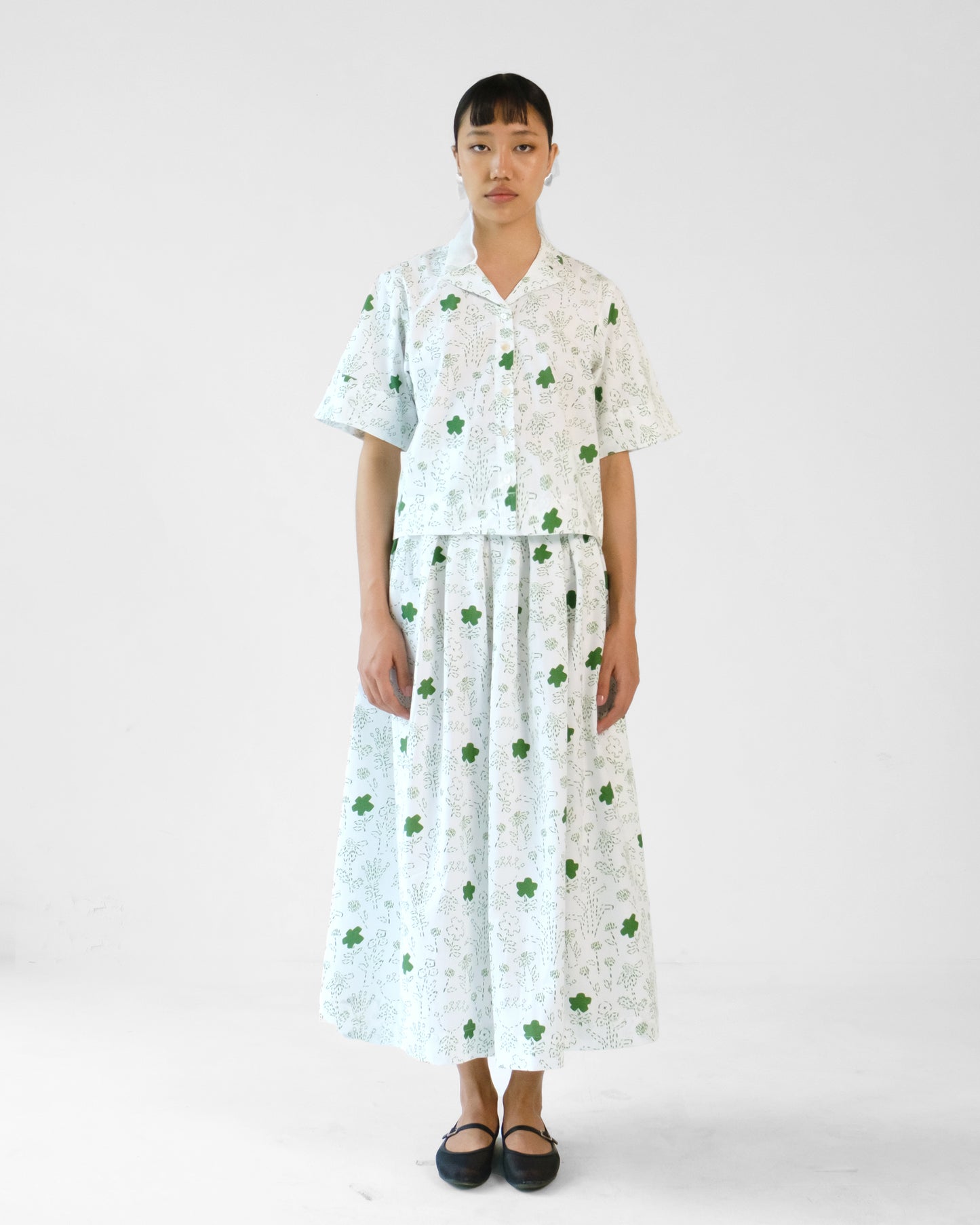 White and Green Printed Cotton Shirt Skirt Set of 2