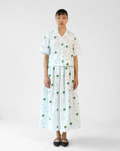 White and Green Printed Cotton Shirt Skirt Set of 2