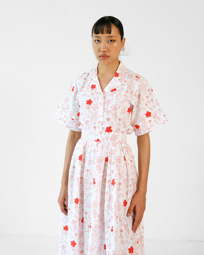 White and Red Printed Cotton Shirt Skirt Set of 2