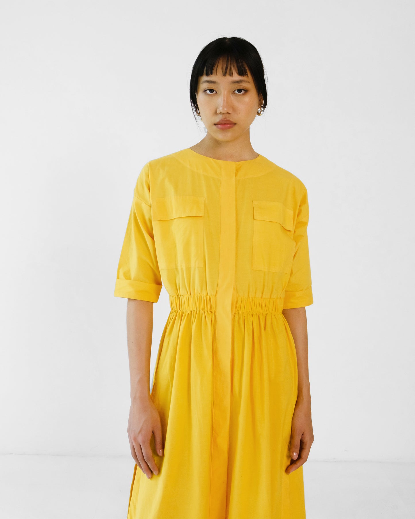 Yellow Elastic Wasit Side Slit Cotton Dress