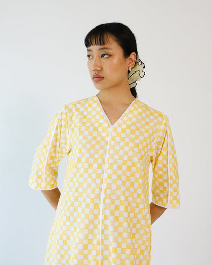 Yellow Checks Applique Cotton Dress