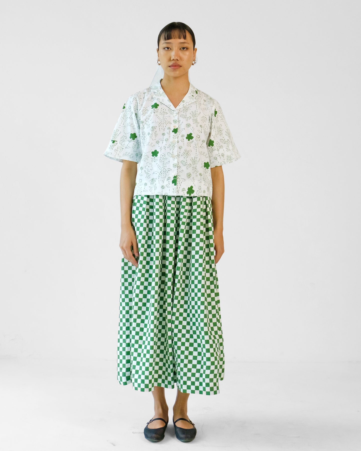 Green Checks Printed Cotton Shirt Skirt Set of 2