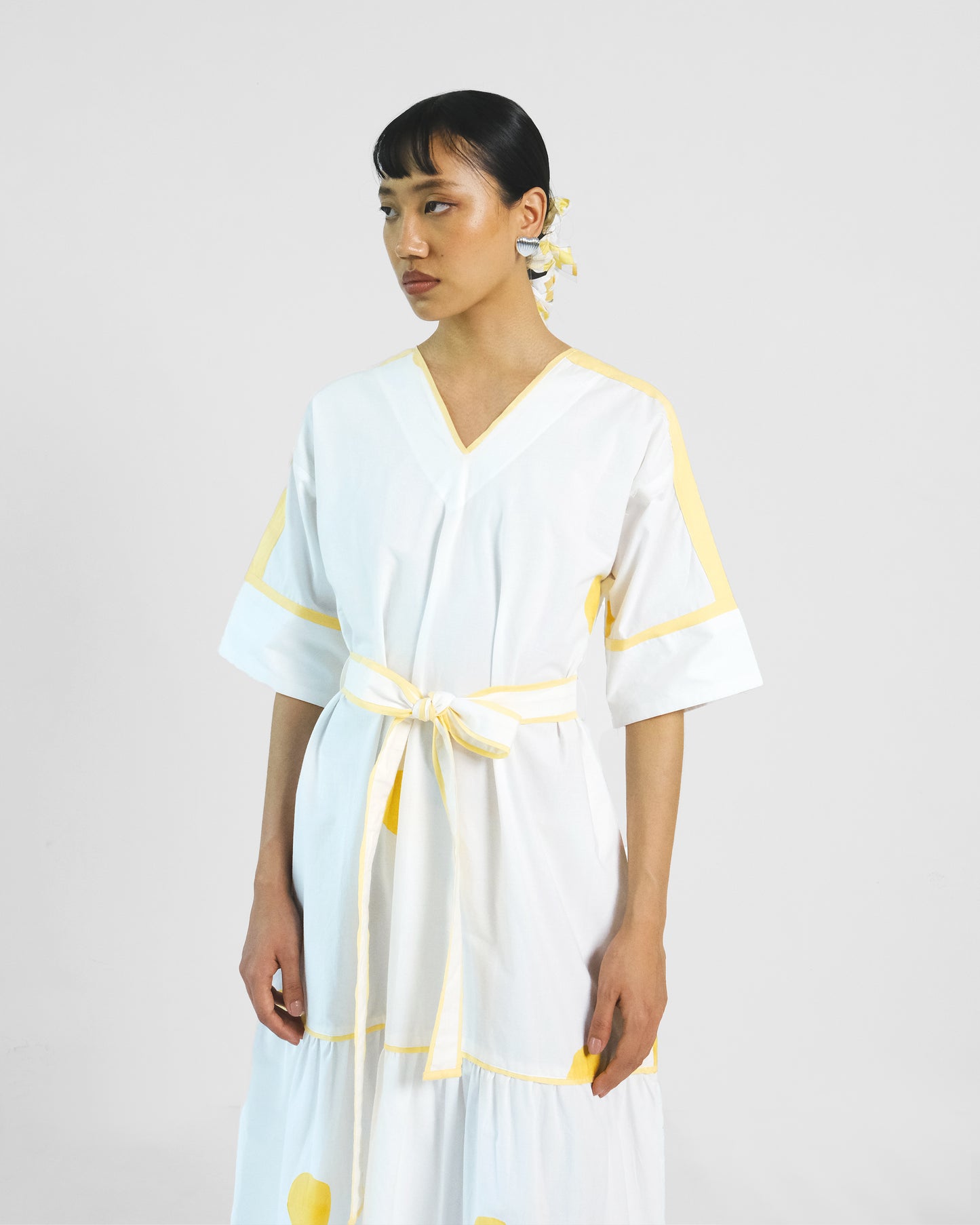 White Yellow Hand block Polka Cotton Belt Dress