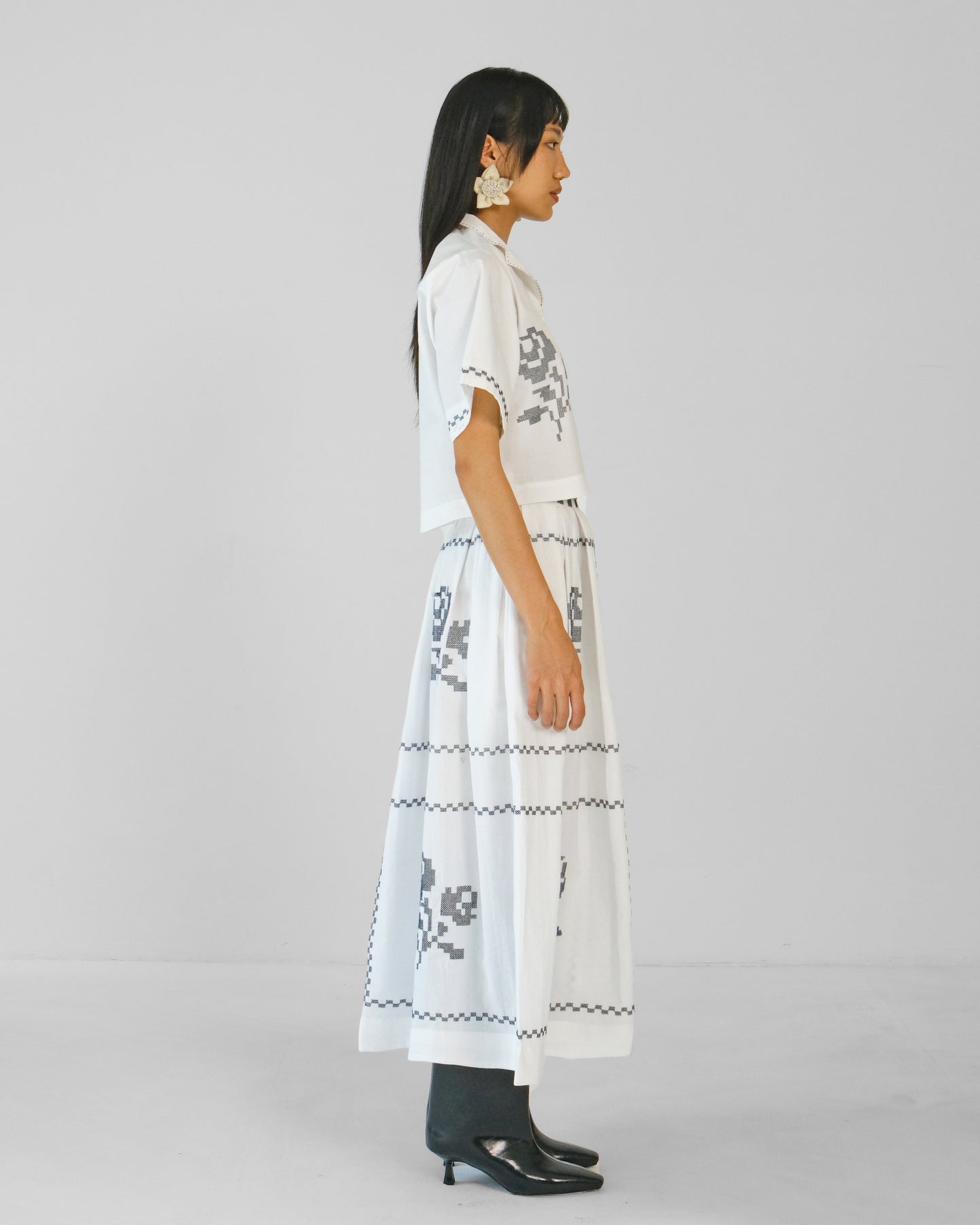 White Cross Stitch Embroidery Cotton Skirt Top Set of 2