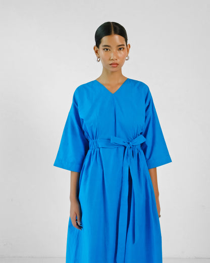 Blue Cotton Elastic Wasit Belt Dress