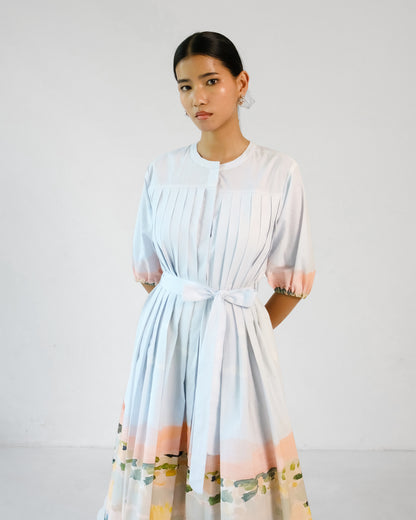 Abstract Print pleated Cotton Belt Dress