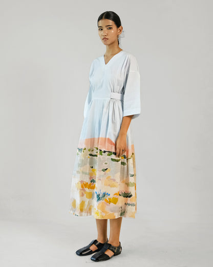 Abstract Print Cotton Elastic Wasit Belt Dress