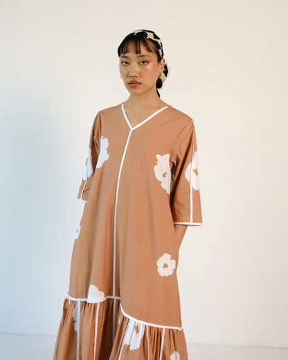 Brown Poppy Applique Cotton Dress