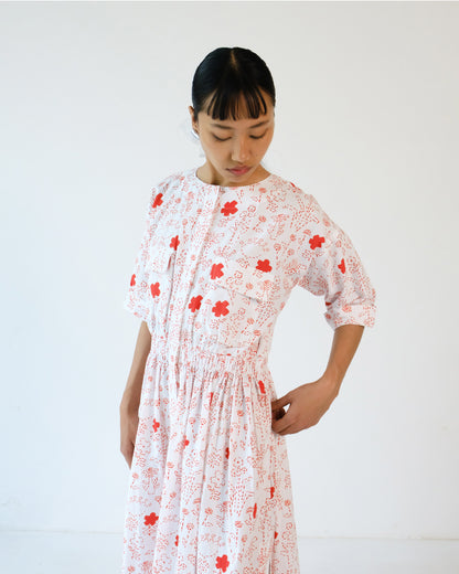 White and Red Printed Elastic Wasit Side Slit Cotton Dress