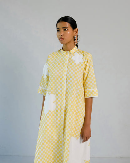 Yellow Checks Applique Cotton Shirt Pant Set of 2