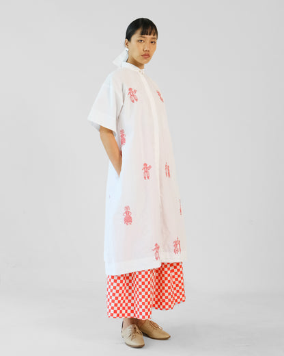 White and Red Cross Stitch Embroidery Cotton Shirt Skirt Set of 2