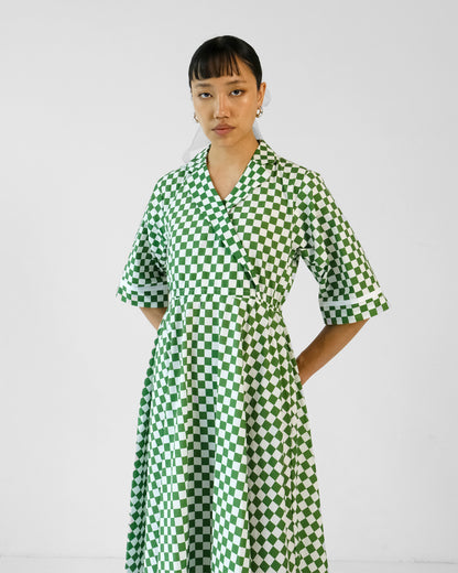 Green Checks Printed Cotton Cuban Collar Dress