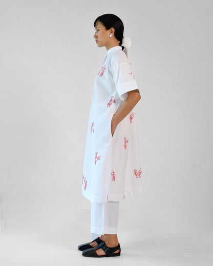 White and Red Cross Stitch Embroidery Cotton Shirt Pant Set of 2