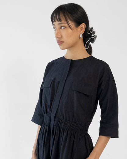 Black Elastic Wasit Side Slit Cotton Dress