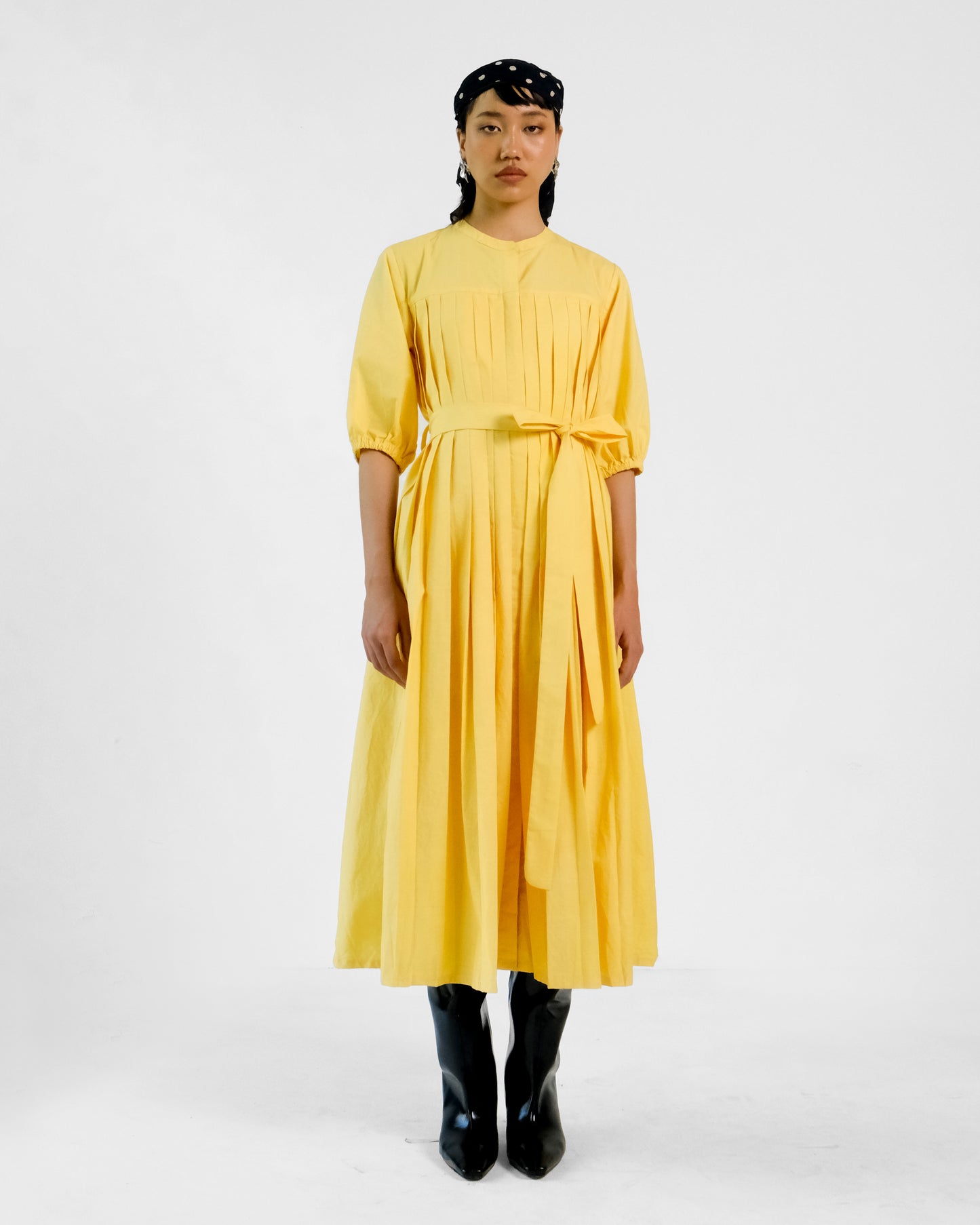 Yellow pleated Cotton Belt Dress