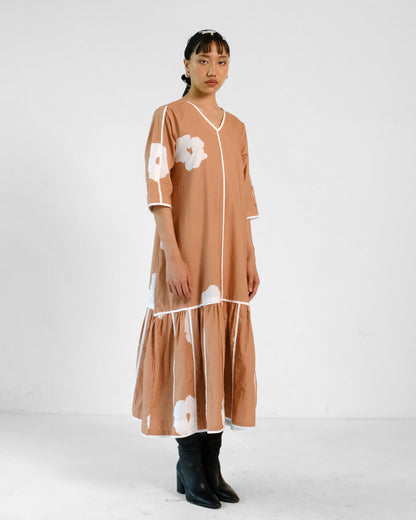 Brown Poppy Applique Cotton Dress