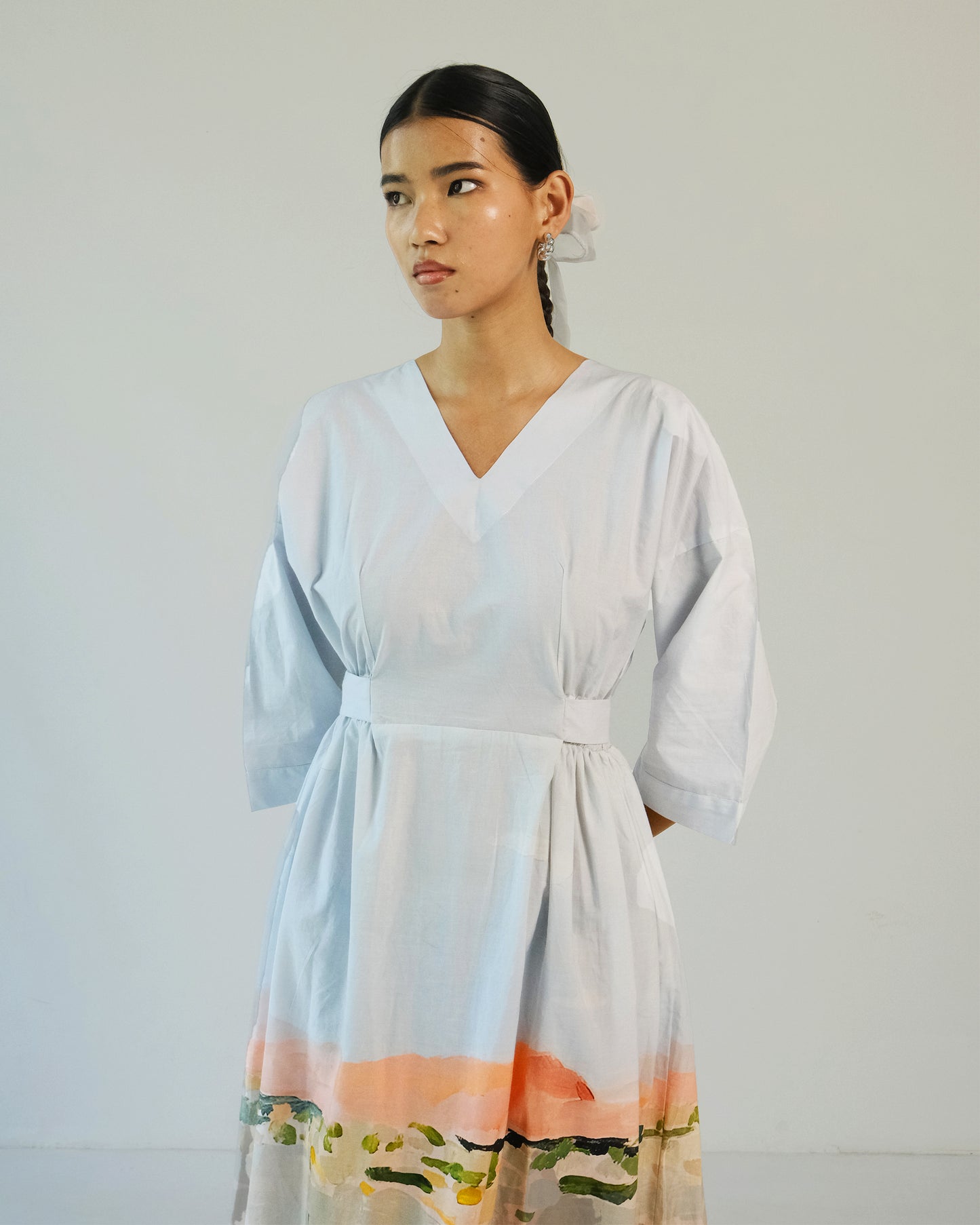 Abstract Print Cotton Elastic Wasit Belt Dress