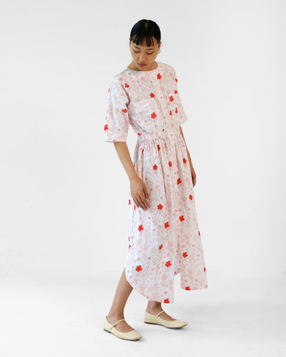 White and Red Printed Elastic Wasit Side Slit Cotton Dress