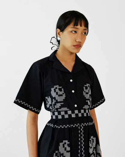 Black Cross Stitch Embroidery Cotton Skirt Top Set of 2