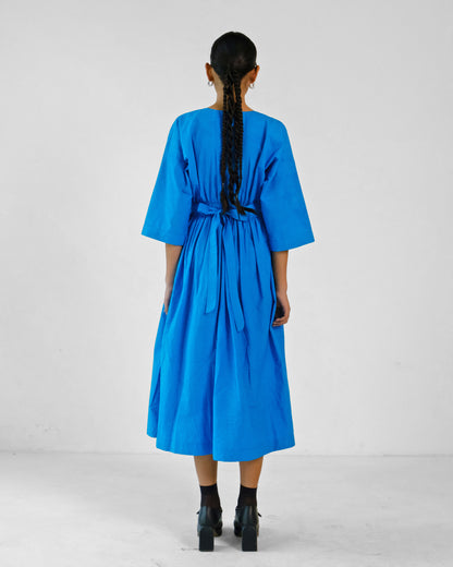Blue Cotton Elastic Wasit Belt Dress