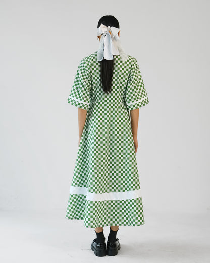 Green Checks Printed Cotton Cuban Collar Dress